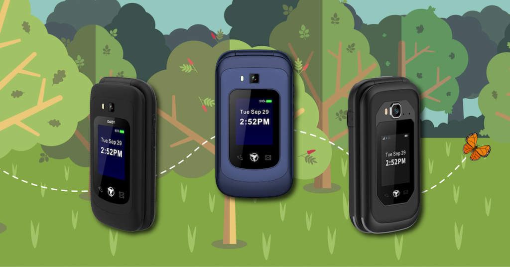 The trio of Sunbeam phones on a forest background.