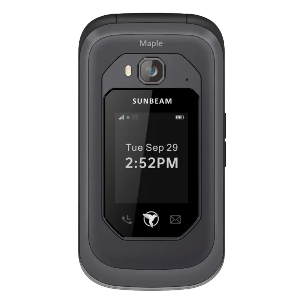 The front of the Sunbeam Wireless F1 Pro Maple rugged dumbphone with navigation, weather, and hotspot. The F1 Pro Maple is a kosher phone.