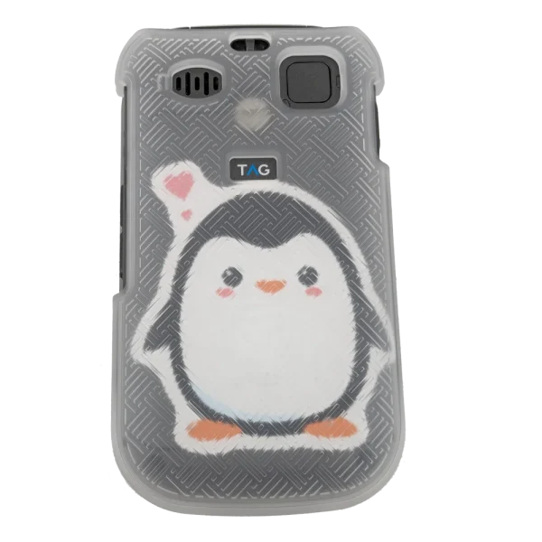 A back view of the clear hard shell cover with a penguin sticker on an F1 Pro flip phone.