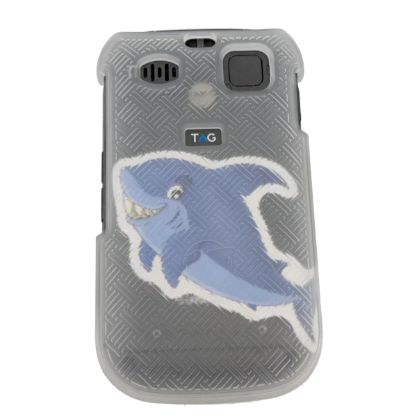 A back view of the clear hard shell cover with a shark sticker on an F1 Pro flip phone.