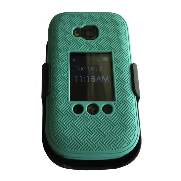 The front view of the protective hard shell cover with holster for F1 Pro flip phones (or kosher phones) attached to a device.