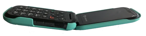 An open right side view of an F1 Pro flip phone in a protective hard shell cover.