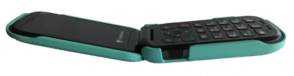 An open left side view of an F1 Pro flip phone in a protective hard shell cover.