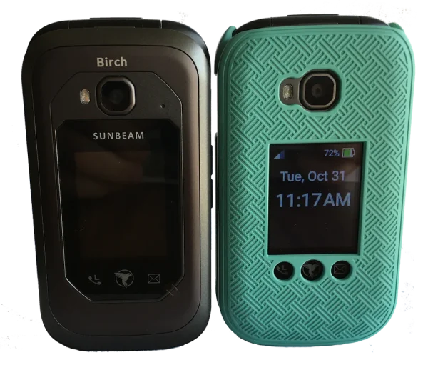 A front view of one F1 Pro flip phone in a hard shell cover and one without a cover.