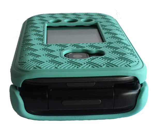 The top view of the protective hard shell cover on an F1 Pro flip phone.