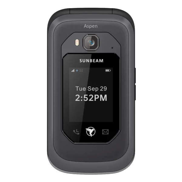 The front of the Sunbeam Wireless F1 Pro Aspen rugged dumbphone with hotspot and Waze. The F1 Pro Aspen is a kosher phone.