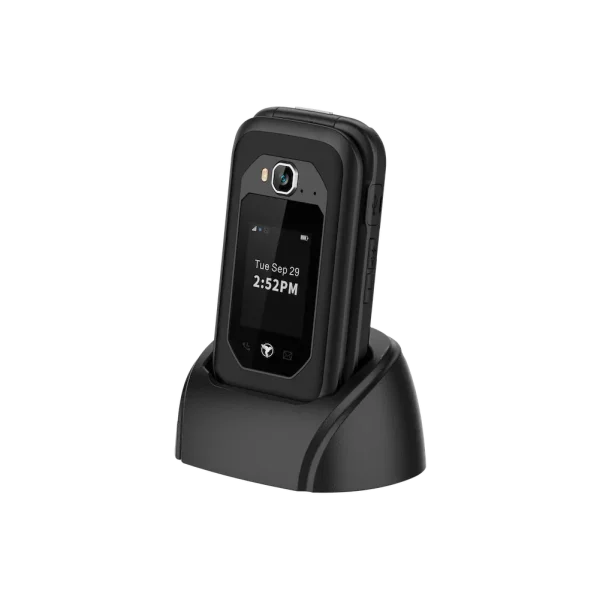 The Sunbeam Wireless F1 Pro rugged dumbphone in a charging cradle.