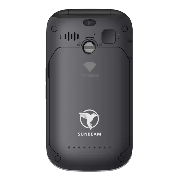The back side view of the Sunbeam Wireless F1 Pro rugged dumbphone with hotspot.