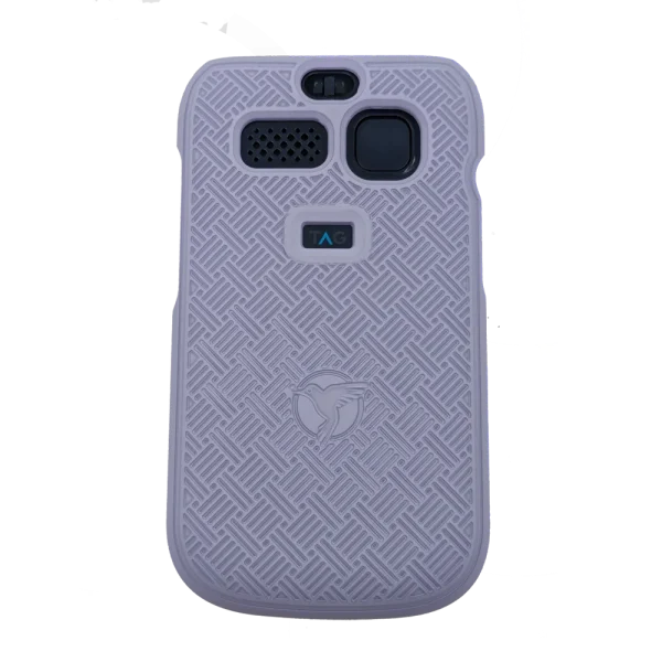 The back view of a purple hard shell cover on an F1 Horizon flip phone.