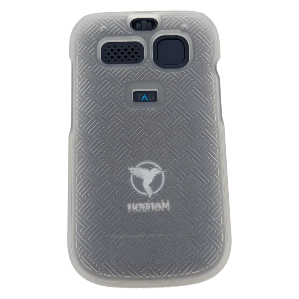 The clear back view of the hard shell cover on an F1 Horizon flip phone.