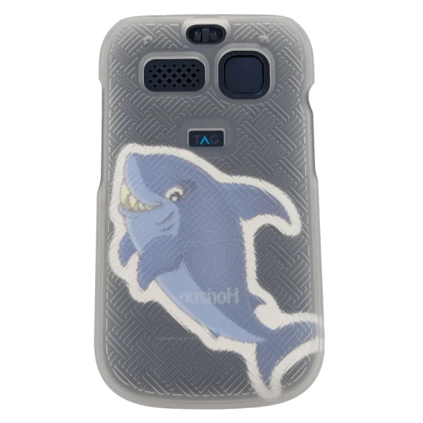The clear back view of the hard shell cover with a shark sticker on an F1 Horizon flip phone.