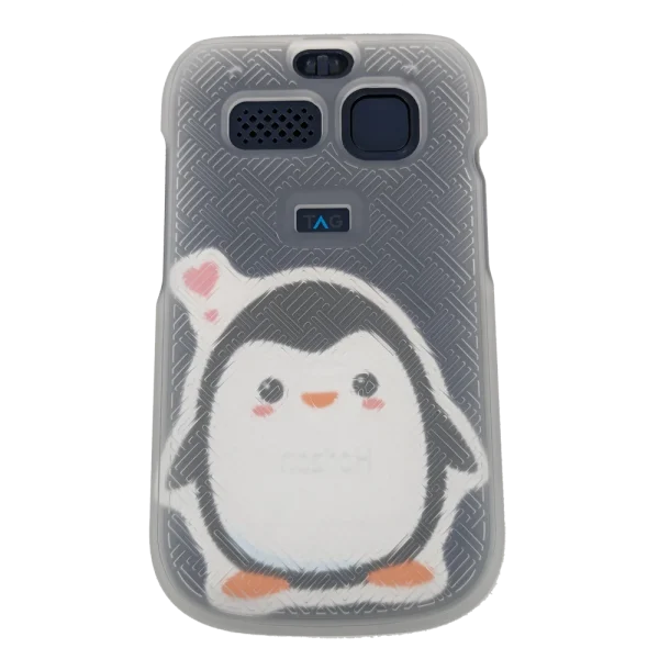 The clear back view of the hard shell cover with a penguin sticker on an F1 Horizon flip phone.