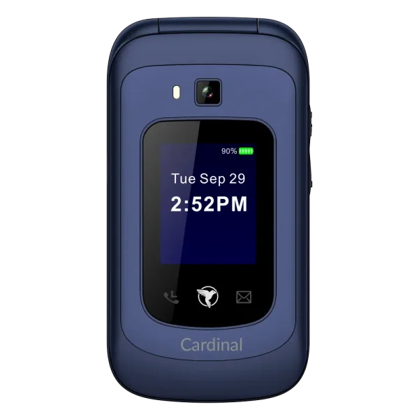 The front of the Sunbeam Wireless F1 Horizon Cardinal flip phone with navigation. The F1 Horizon Cardinal is a kosher phone.