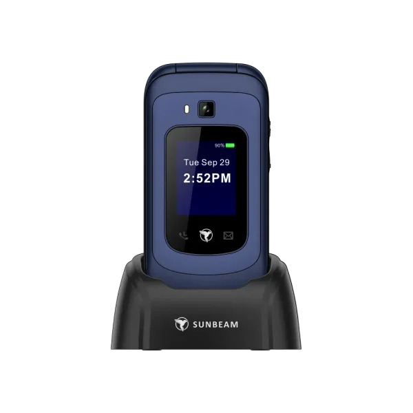 The Sunbeam Wireless F1 Horizon flip phone in a charging cradle.