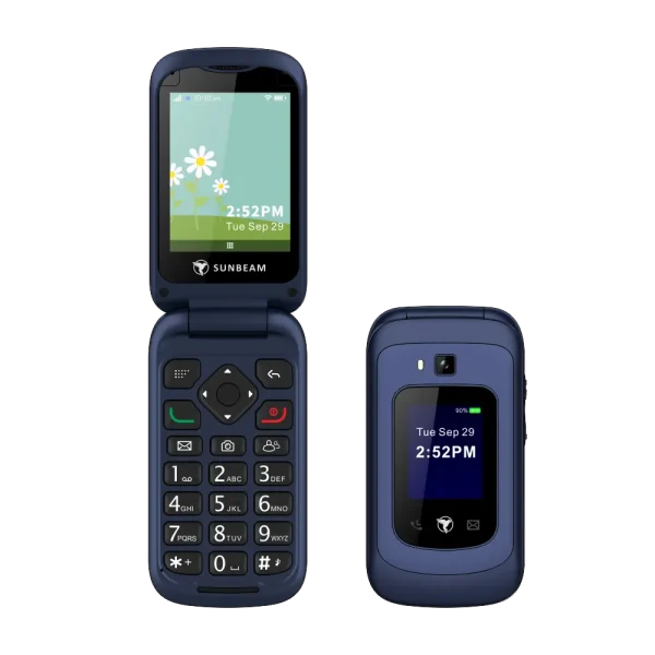The open and closed view of the Sunbeam Wireless F1 Horizon flip phone.