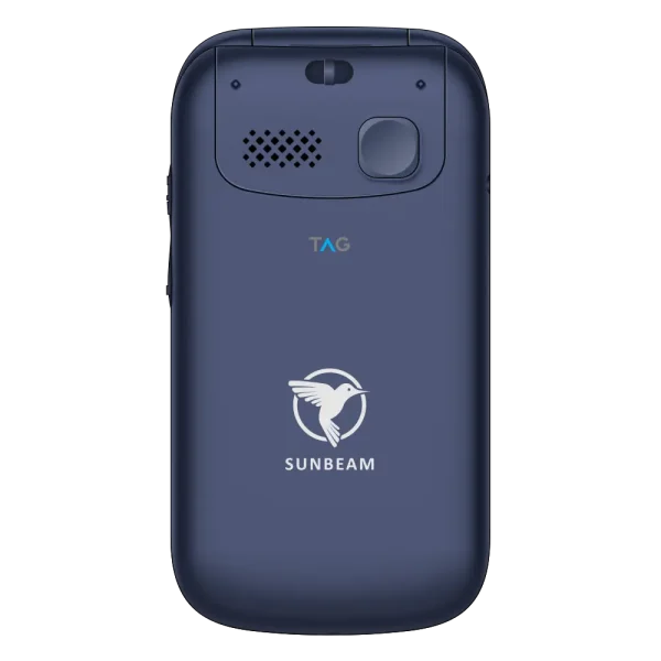 The back side view of the Sunbeam Wireless F1 Horizon flip phone with TAG approval.