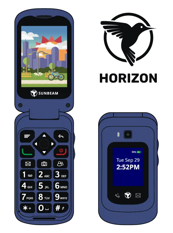 A simple vector wireframe of the Sunbeam F1 Horizon full feature flip phone.