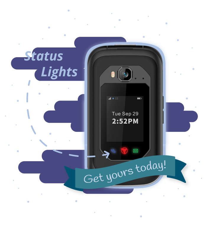 The F1 Pro flip phone with status lights.