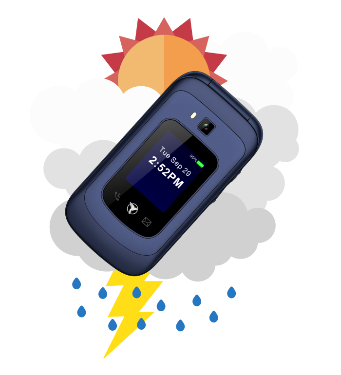 The F1 Horizon simple flip phone in front of a cloud representing the weather feature.