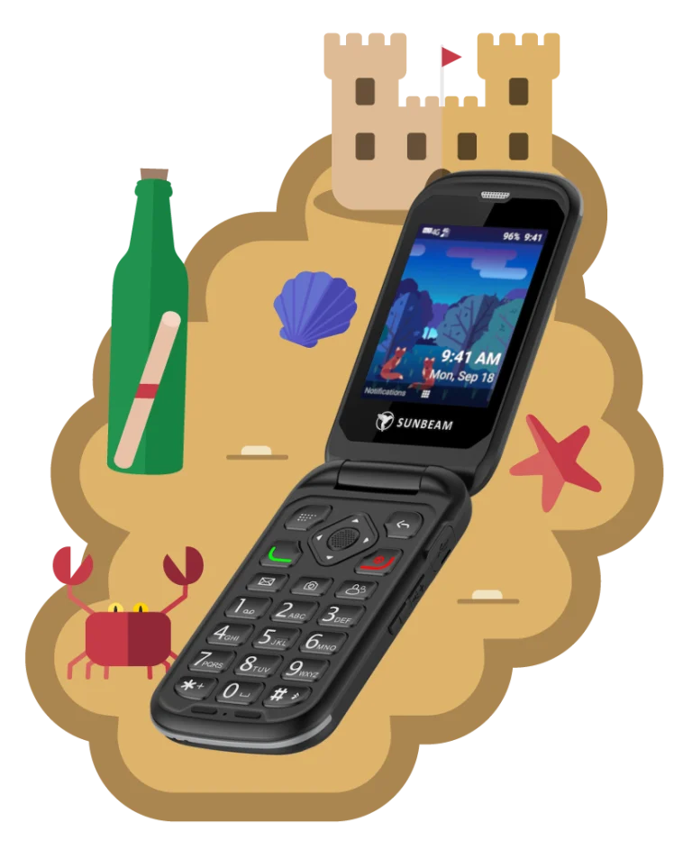 An open F1 Pro rugged kosher phone on a vector beach scene.