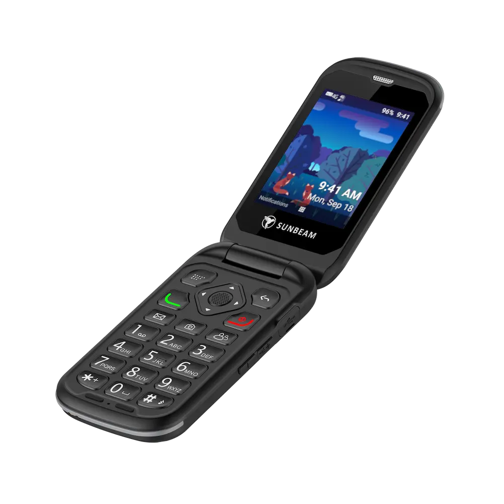 An open Sunbeam Wireless F1 Pro rugged flip phone.