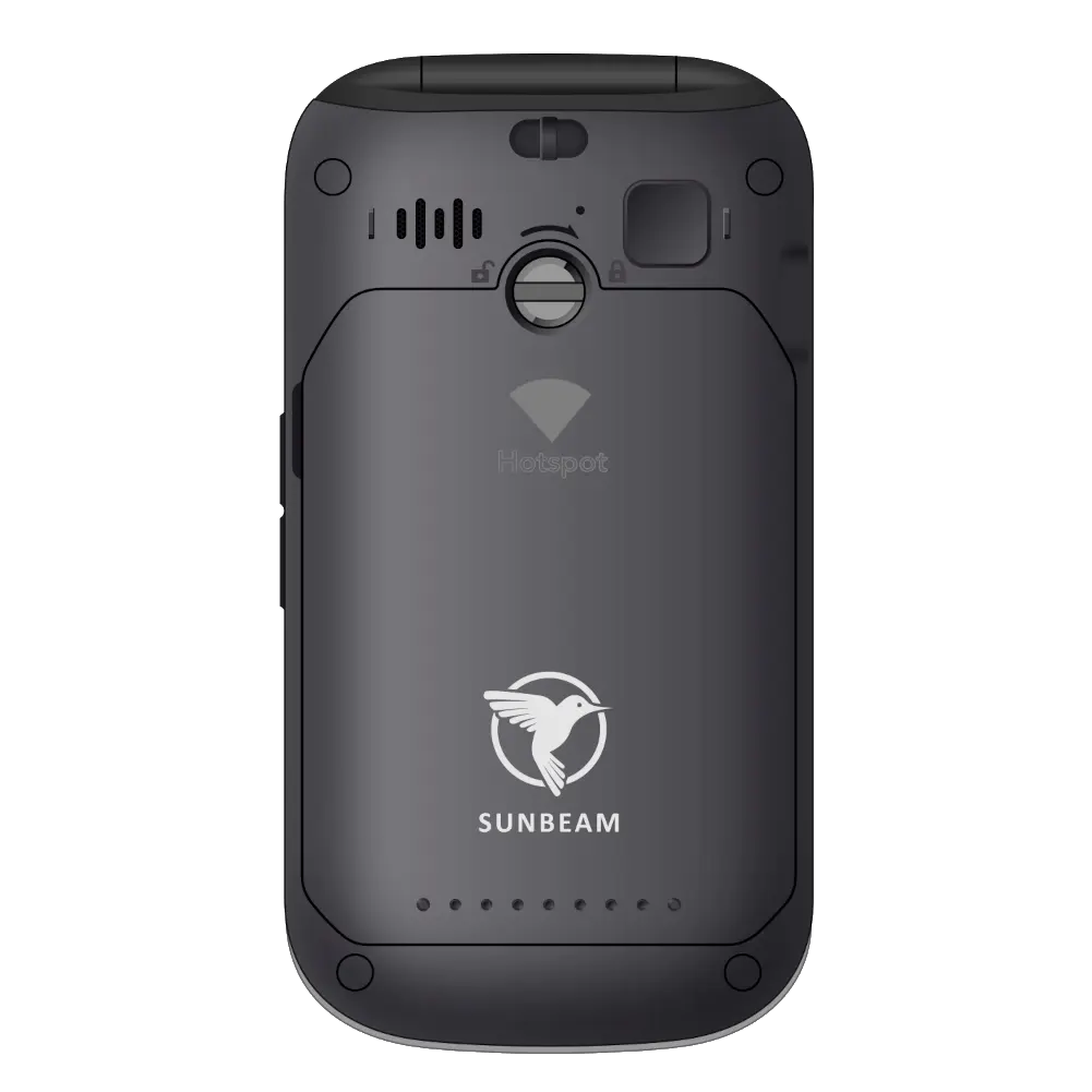 The back view of the Sunbeam Wireless F1 Pro rugged flip phone with hotspot.