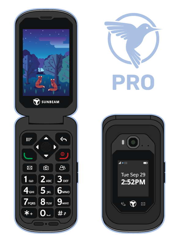 A simple vector wireframe of the Sunbeam F1 Pro rugged dumbphone.