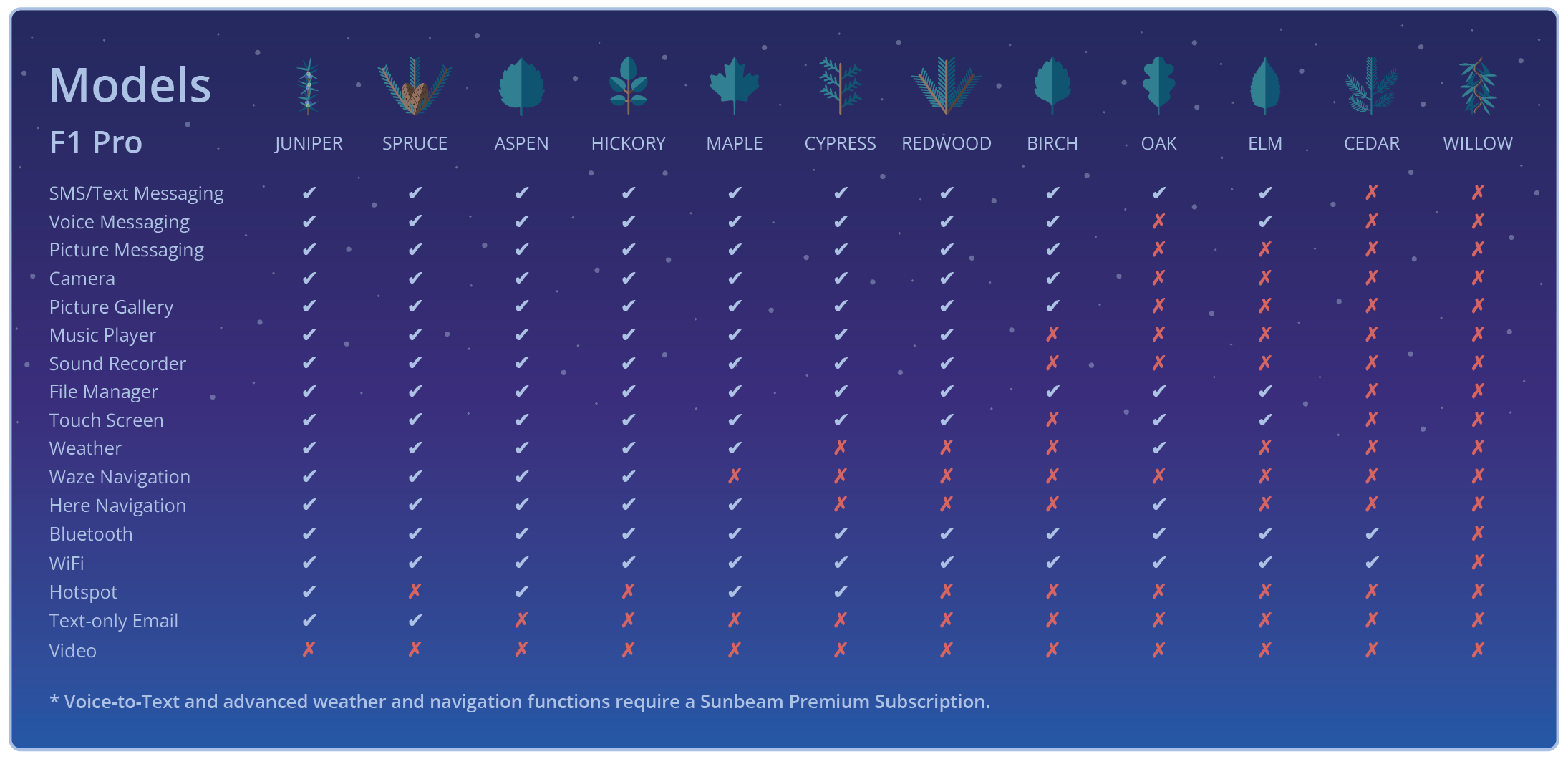 A matrix showing the different models and feature sets of the Sunbeam F1 rugged dumbphone.