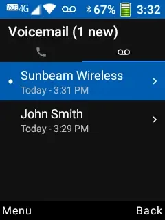 A screenshot of list of new messages on the Sunbeam F1 flip phone basic visual voicemail feature.