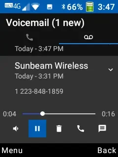 A screenshot of the play screen on the Sunbeam F1 flip phone basic visual voicemail feature.