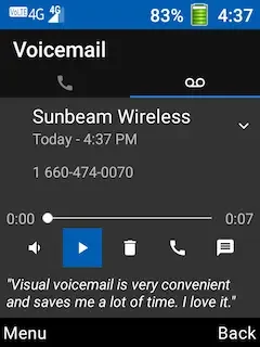 A screenshot of the play screen on the Sunbeam F1 flip phone premium visual voicemail feature.