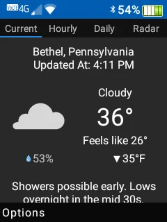 A screenshot of the Sunbeam F1 flip phone with current weather feature.