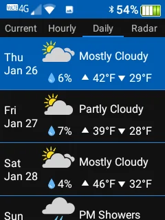 A screenshot of the Sunbeam F1 flip phone with daily weather feature.