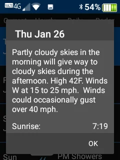 A screenshot of the Sunbeam F1 flip phone with weather details feature.
