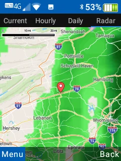 A screenshot of the Sunbeam F1 flip phone with weather radar feature.